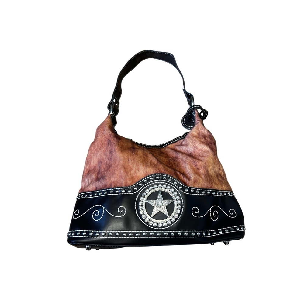 Blazin‎ Roxx Western Hobo Bag Cowhide Faux Fur Texas Star Studded Black Brown